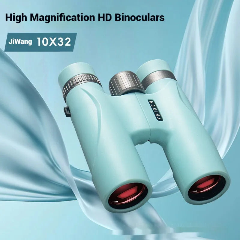 Blue and grey 10x32 binoculars with wine red film lenses, shown with dimensions.