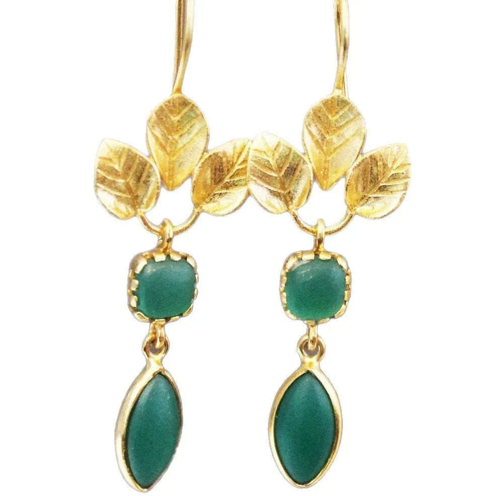 Gold French leaves tassel drop earrings with water drop zircon accents on copper