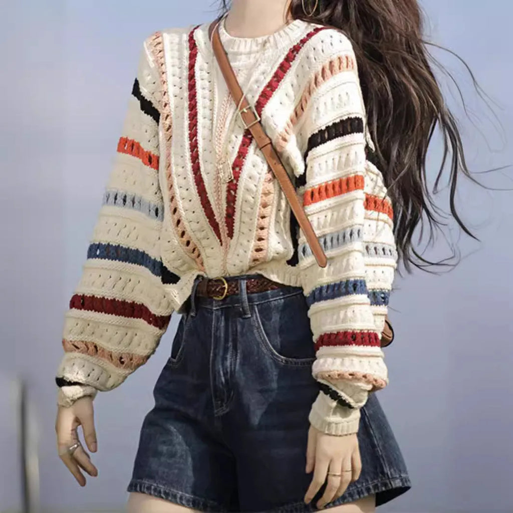Rainbow striped loose pullover sweater with hollow knit texture and batwing sleeves