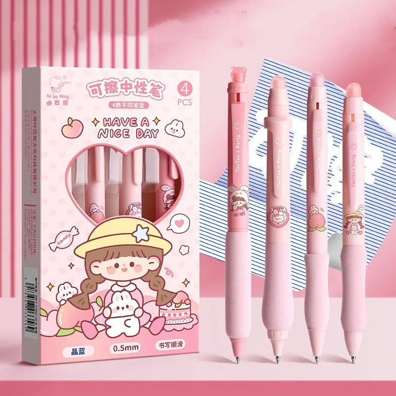 Erasable gel pen with 0.5mm tip, press mechanism and cartoon character designs