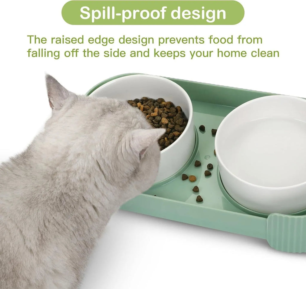 Green and white ceramic elevated cat bowls on a tilted stand with non-slip base