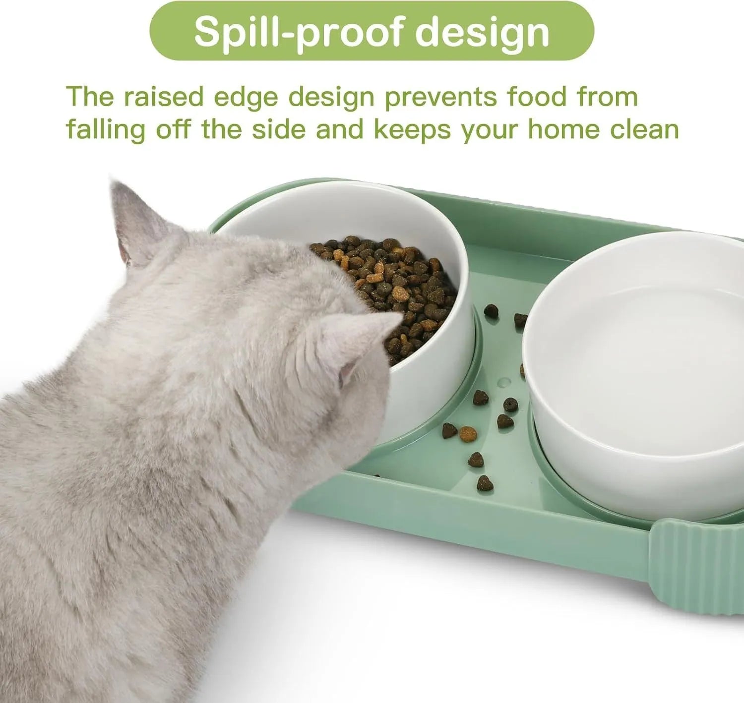 Green and white ceramic elevated cat bowls on a tilted stand with non-slip base