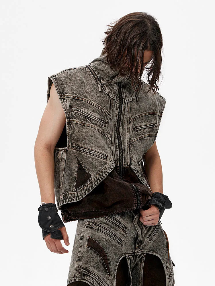 Men's splicing denim vest jacket with front zipper and sleeveless camisole design