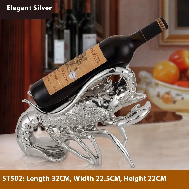 Lobster-shaped wine rack ornament in rose gold or silver, holding a wine bottle.