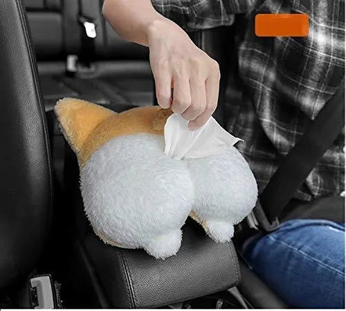 Yellow corgi butt shaped soft tissue box cover with elastic hanging loop.