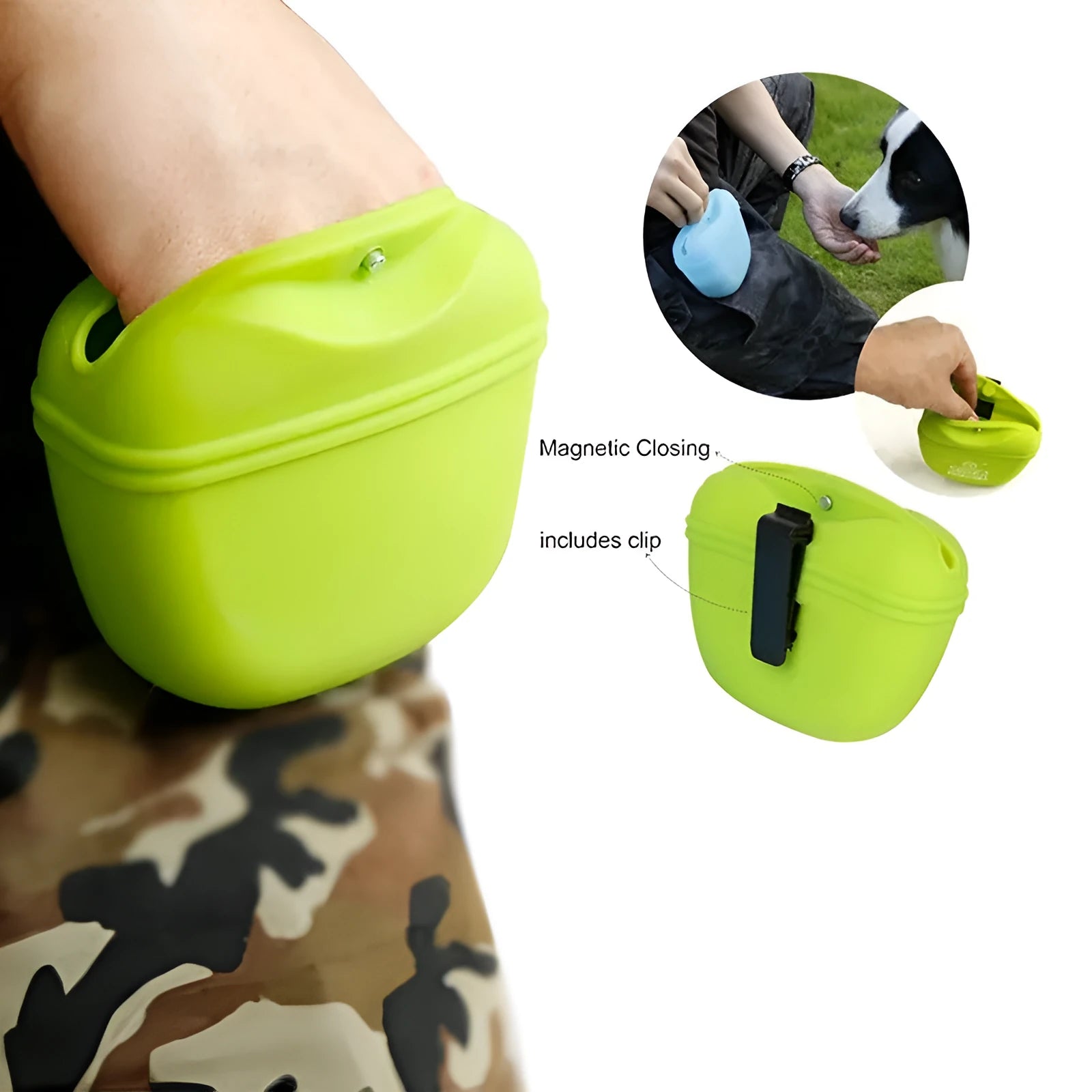 Silicone dog treat bag with clip attachment showing magnet closure and food-grade construction