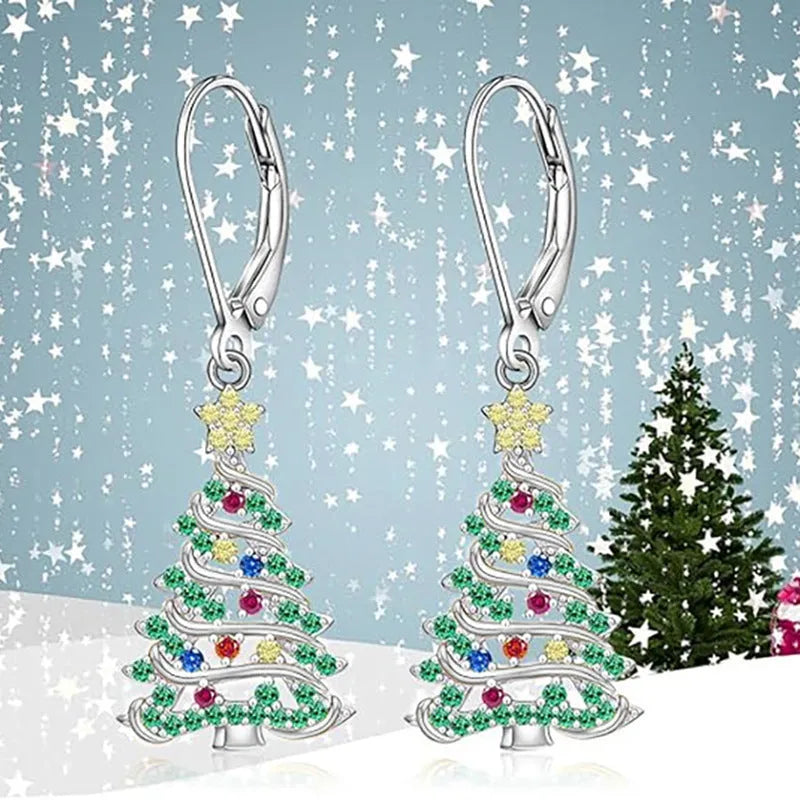 Women's Christmas tree earrings with star shape and white gold colour plating
