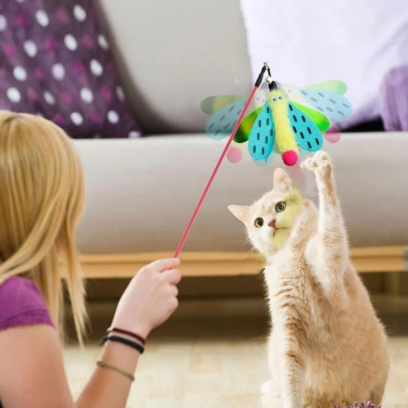 Blue cat wand toy with dragonfly attachment and bell on 49cm extendable stick