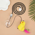 Interactive hanging cat toy with swinging mouse and chicken attachments, treat bulb, and retractable elastic rope