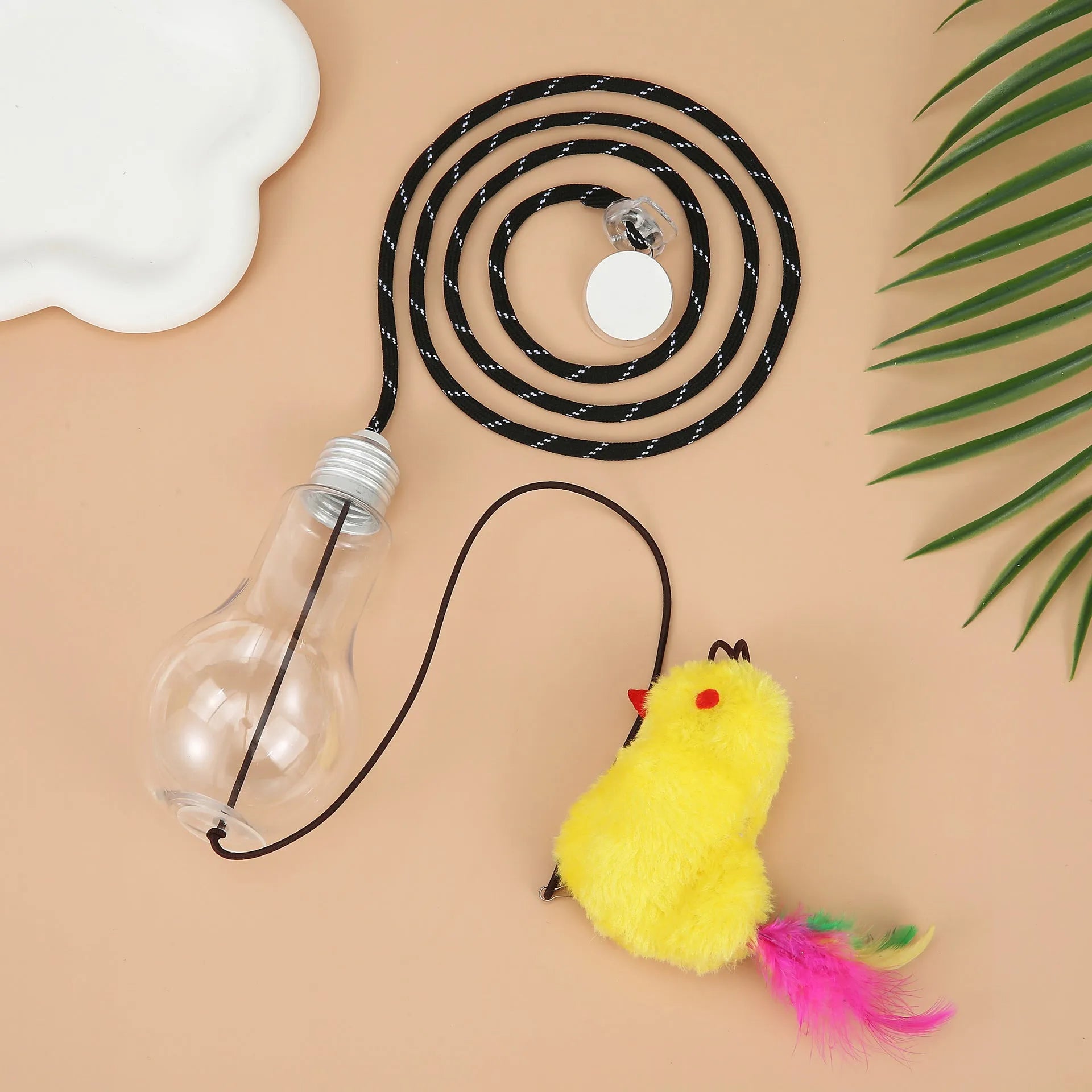 Interactive hanging cat toy with swinging mouse and chicken attachments, treat bulb, and retractable elastic rope