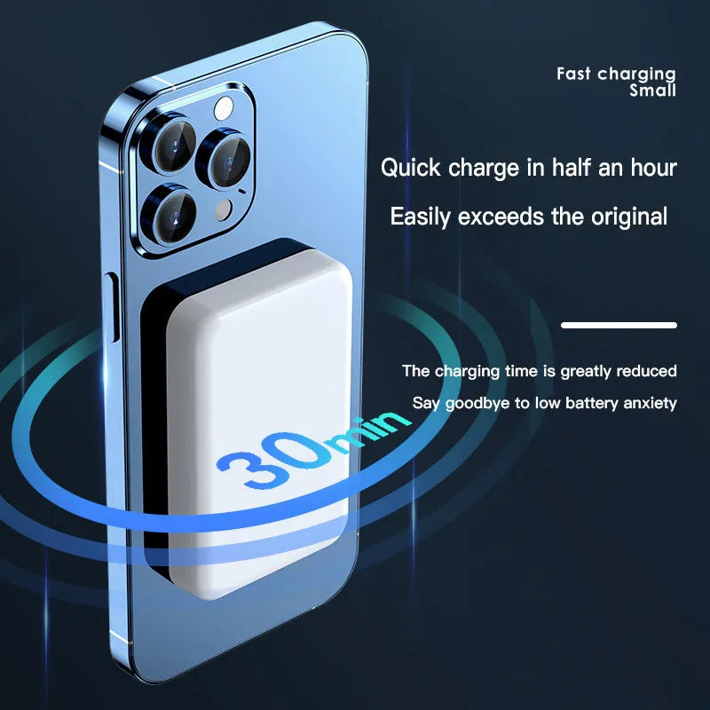 Pink magnetic wireless power bank showing dimensions of 100x64x18mm with 20000mAh capacity