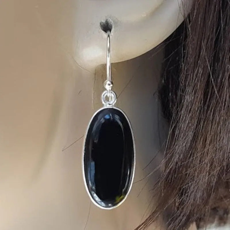 Women's oval black agate pendant earrings with geometric design and electroplated 925 silver finish