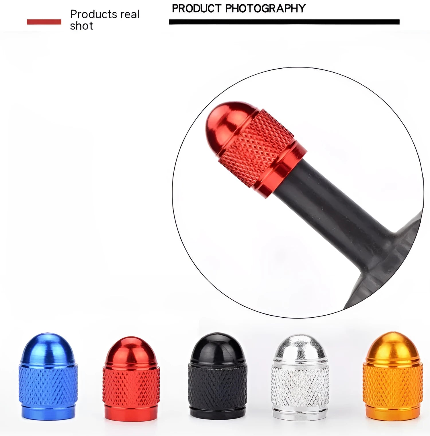 Set of aluminium alloy tyre valve caps for mountain bikes in black, blue, gold, silver, and red colours.