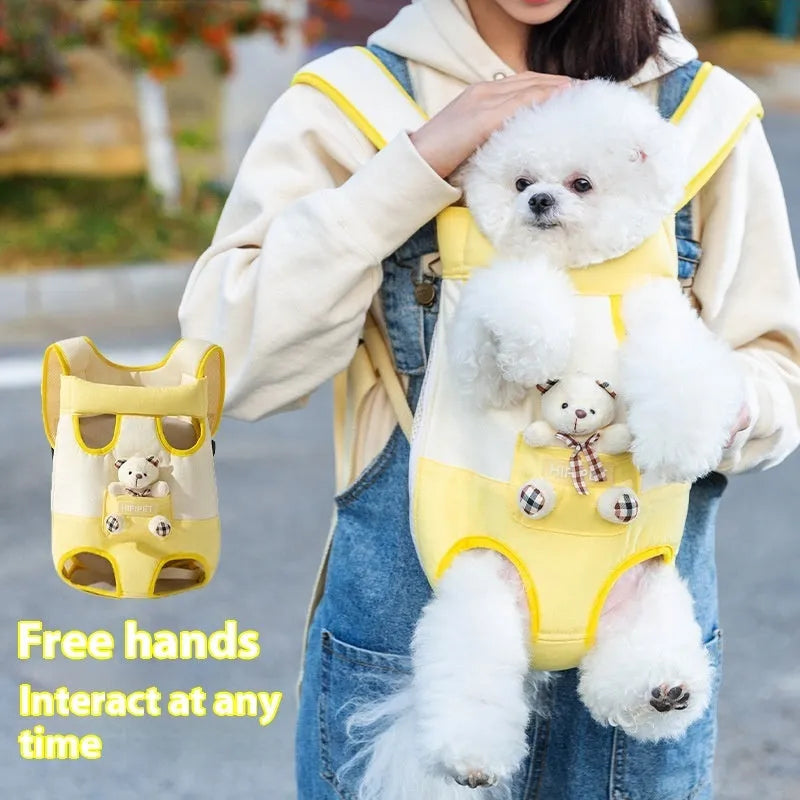 Cartoon pattern pet chest carrier bag in canvas with soft lining and colourful stitching