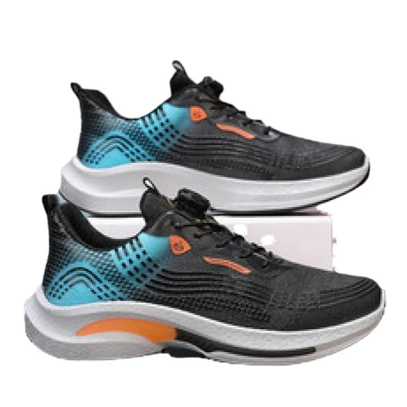 Men's low-top mesh sneaker with rotating buckle closure in black and blue colourway