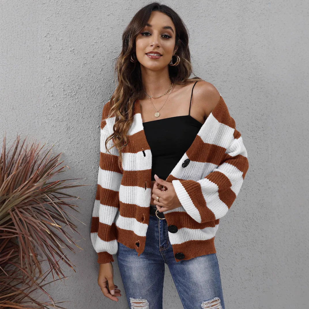 Women's striped button cardigan in deer plush fabric, shown in available colours.