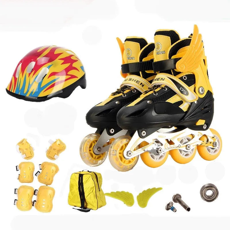 Adjustable children's roller skates in yellow with helmet and protective gear