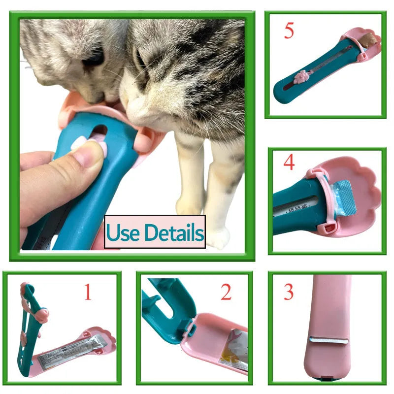 Green and pink pet feed spoon with integrated treat extrusion tool and liquid food squeezer feeder
