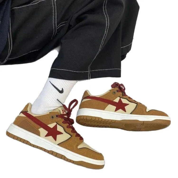 Brown women's casual sneakers with platform heel and sequin details on the PU upper.