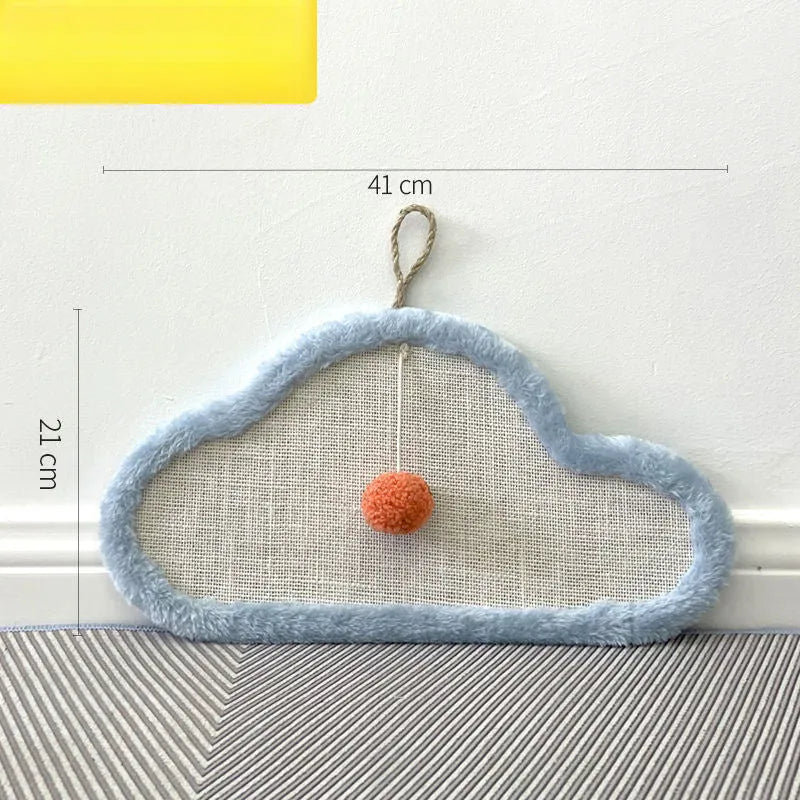 White wall-mounted cat scratching mat with natural sisal surface and sleeping cat cartoon design