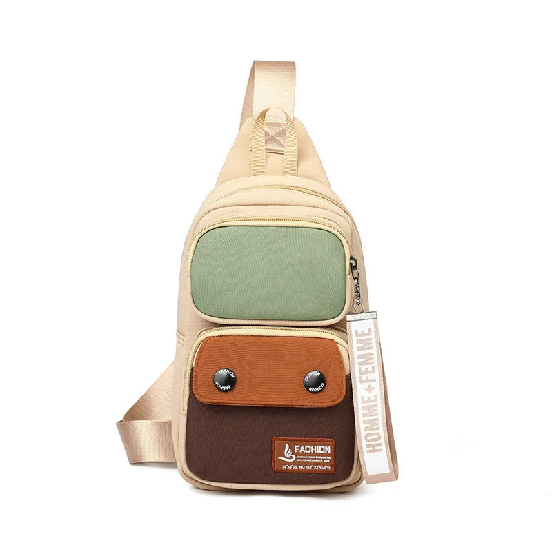 Multifunctional nylon crossbody shoulder bag with letter pattern in beige, black, or light brown for outdoor leisure storage.