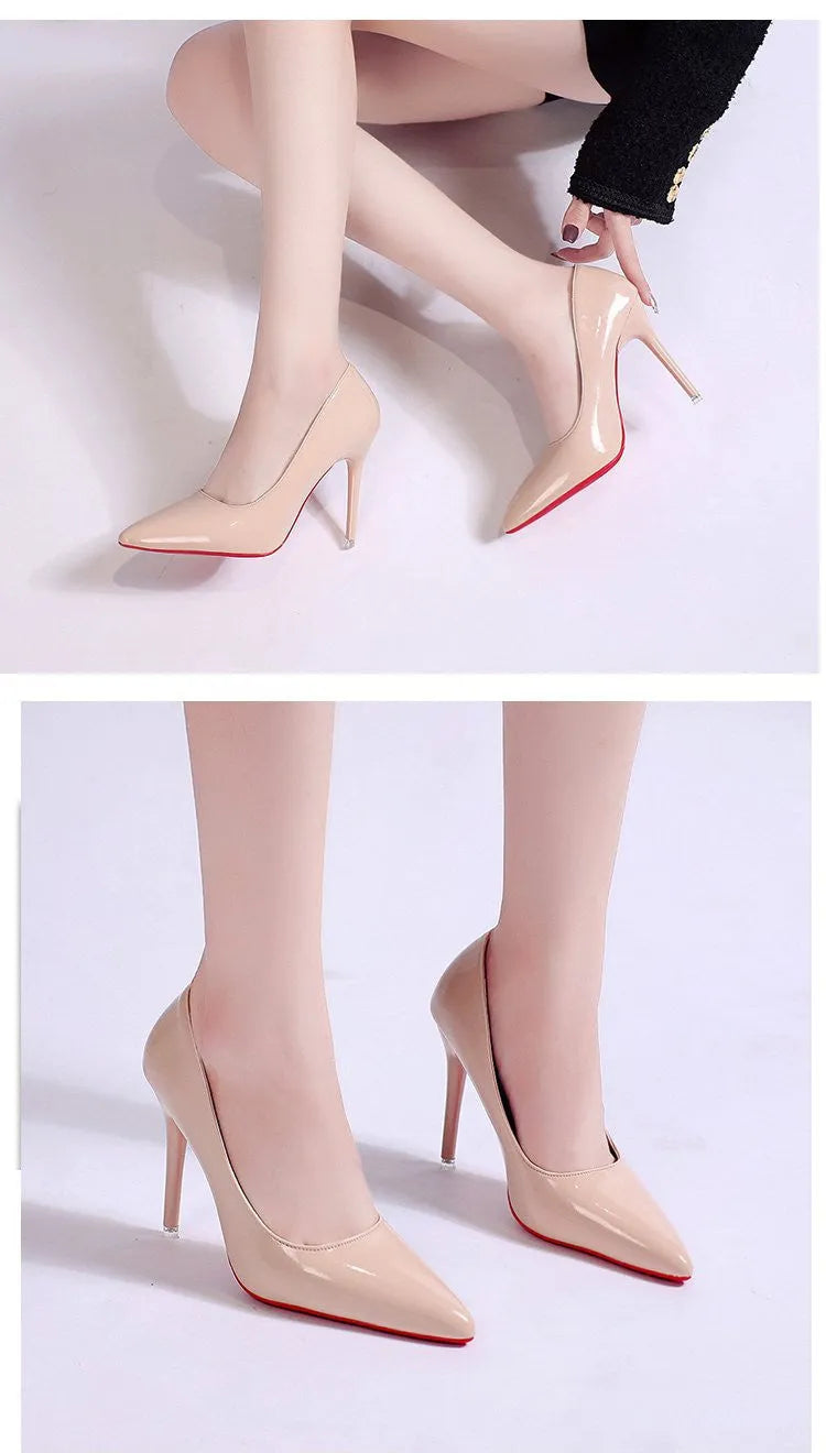 Women's black pointed toe stiletto pump with a shallow mouth design on a rubber sole.