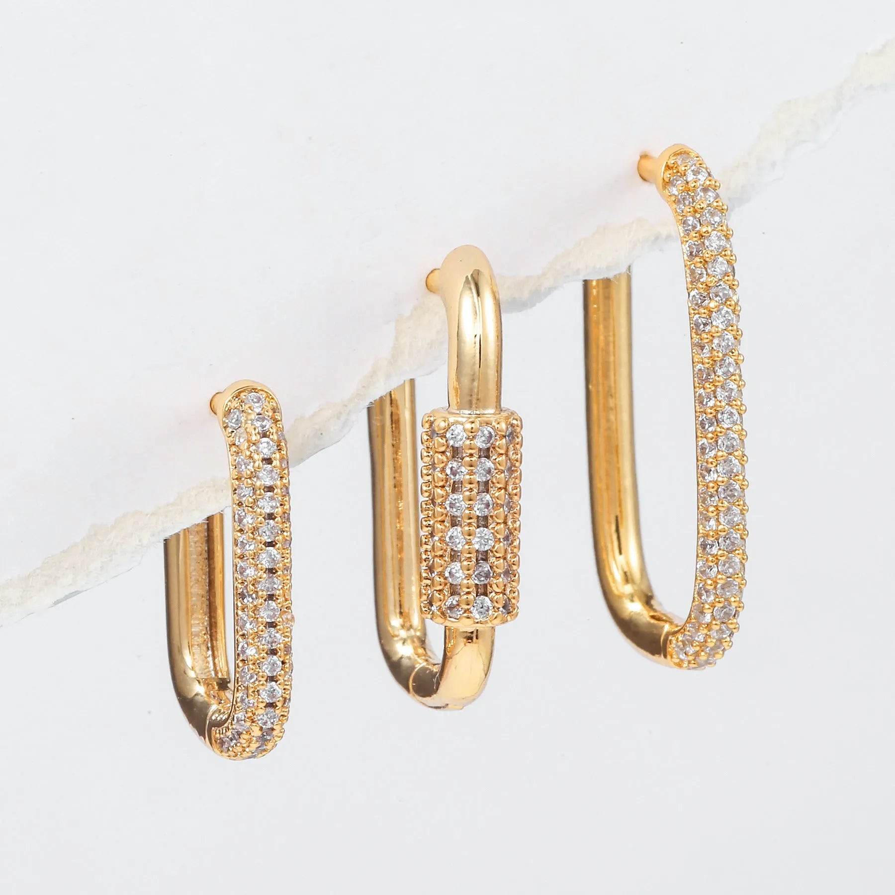 Women's geometric three-piece copper ear clip set with micro inlaid zircon detailing in gold or white colour