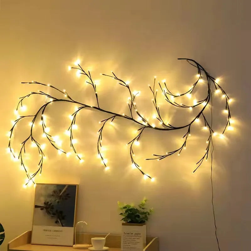 Flexible LED vine light garland with birch bark texture and warm white LEDs bent into decorative shape