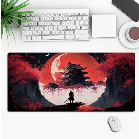 Large customisable anime gaming mouse pad with non-slip rubber base on a desk.