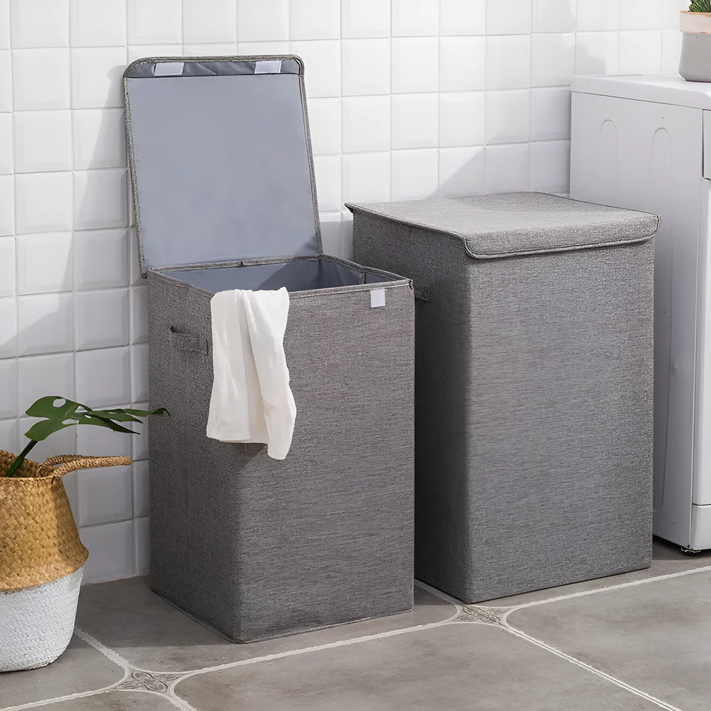 Foldable cotton-linen storage basket in grey colour showing three-dimensional construction