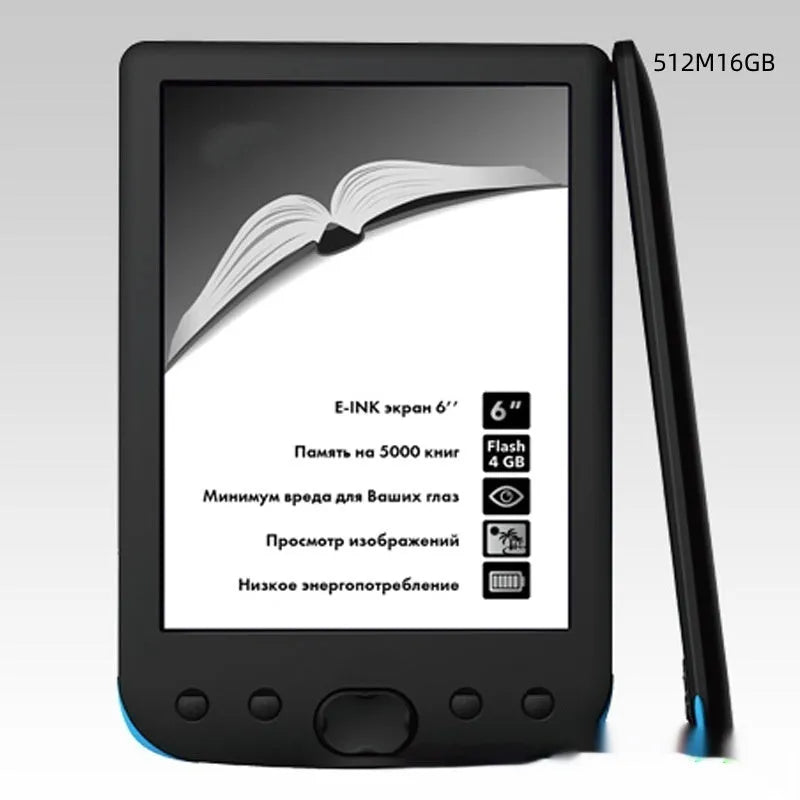 Black 6-inch E-ink e-book reader on a table showing its screen and compact size.