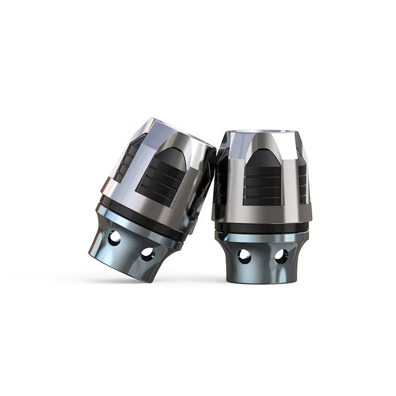 Pair of CNC-machined aluminium alloy fork cups for electric car or motorcycle front axle.