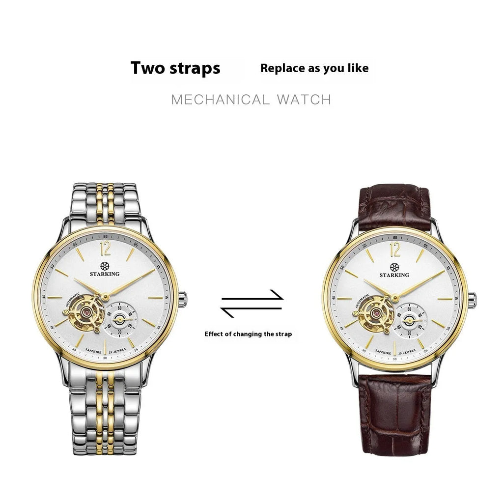 Automatic mechanical men's business watch with hollow dial and brown leather strap