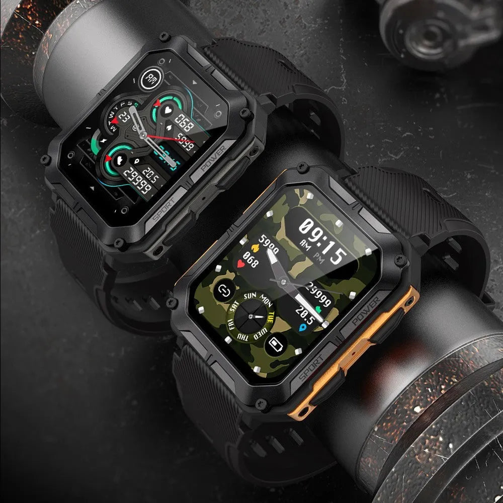 Square smart watch with aluminium case and silicone strap showing Bluetooth calling and outdoor features on screen.