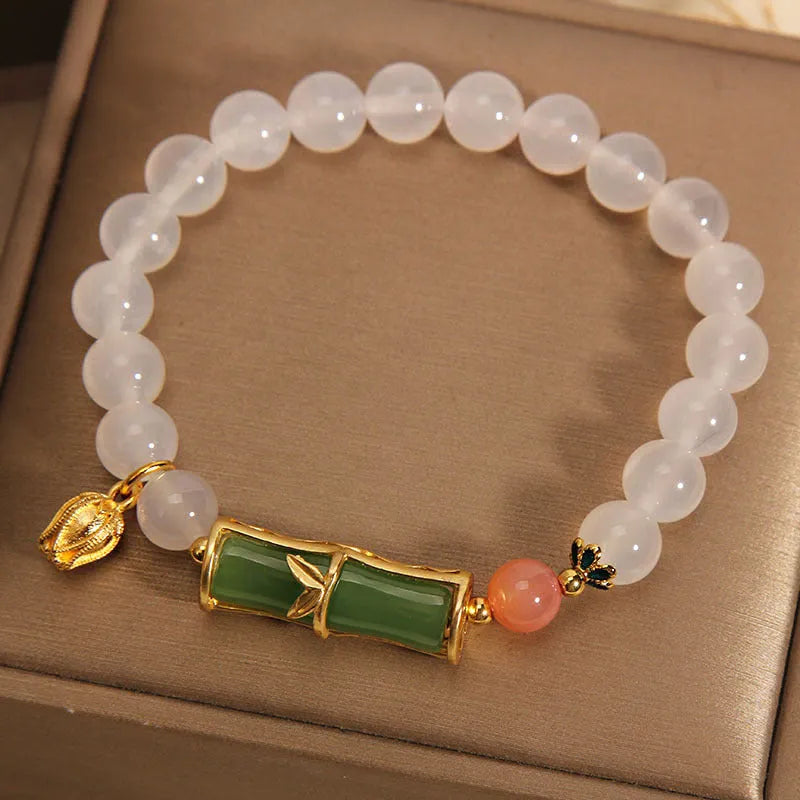 White agate jasper Chinese bamboo beaded bracelet with natural jade construction for women