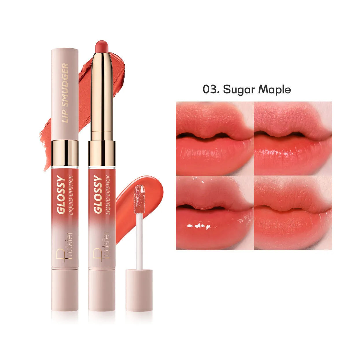 Double-headed lipstick and lip gloss product showing matte colour and gloss components