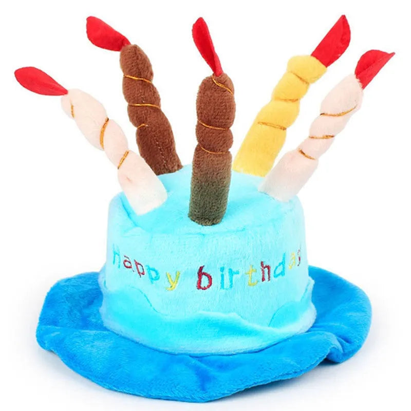 Blue and pink small dog birthday hat with a bone-shaped squeaker toy gift set.