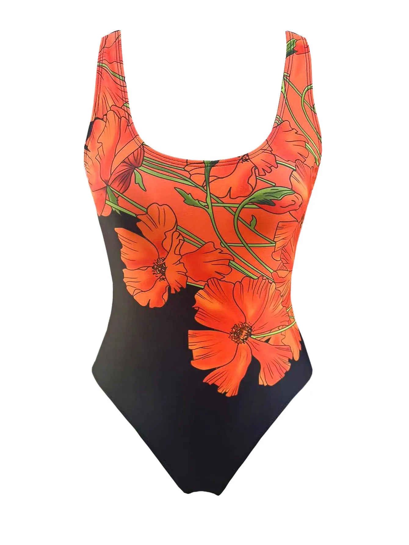 Orange floral printed one-piece swimsuit with backless design and slim fit style for women