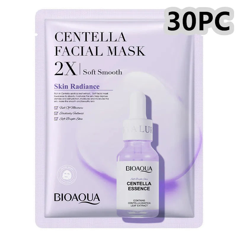 Single-use facial sheet mask with gel serum, shown in Centella, Collagen, Hyaluronic Acid or Vitamin C variants.