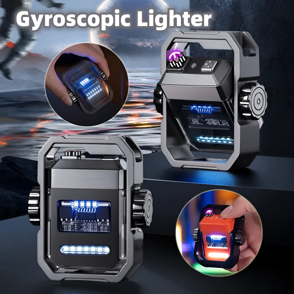 Blue zinc alloy windproof arc lighter with folding design and visible rotary gyroscope mechanism