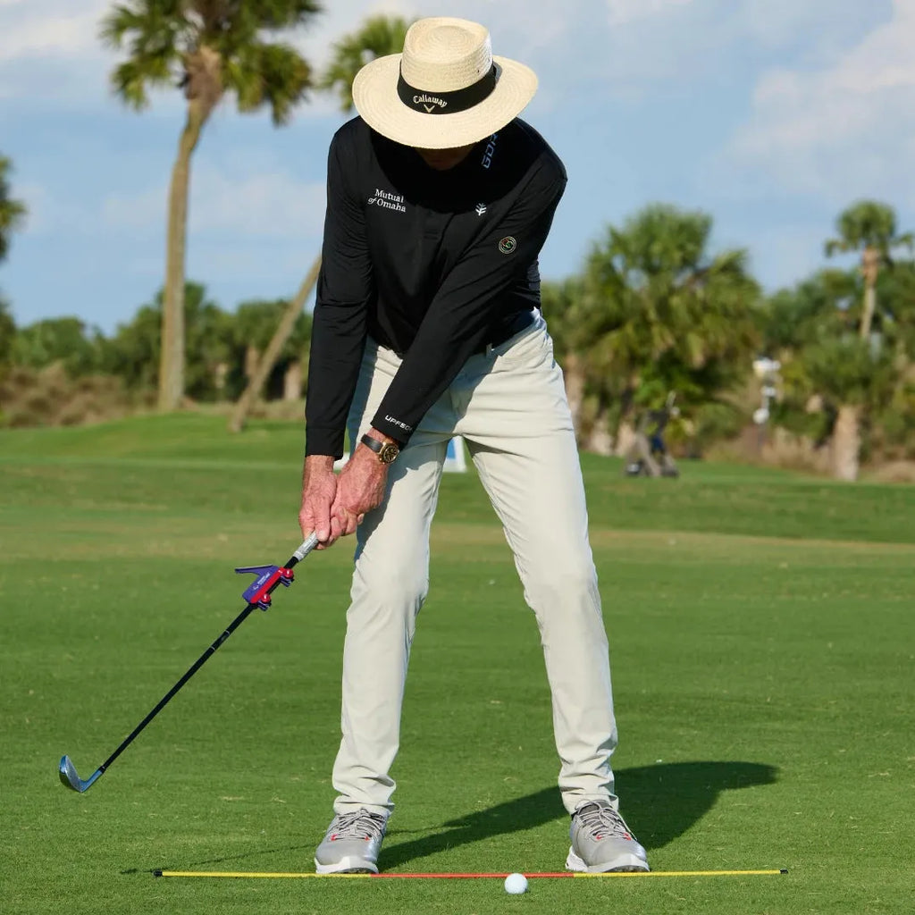 Plastic golf swing plane training simulator with choice of plain or logo-marked design