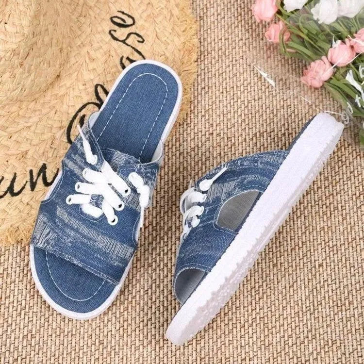 Blue Roman-style women's flat canvas slippers with cloth upper and rubber sole
