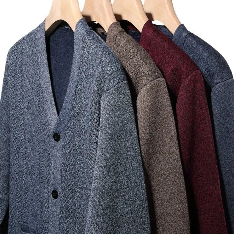 Man wearing a brown striped long sleeve cardigan sweater with a wool lining for fall.