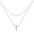 S925 sterling silver double layer twin diamond cross pendant necklace with clavicle chain