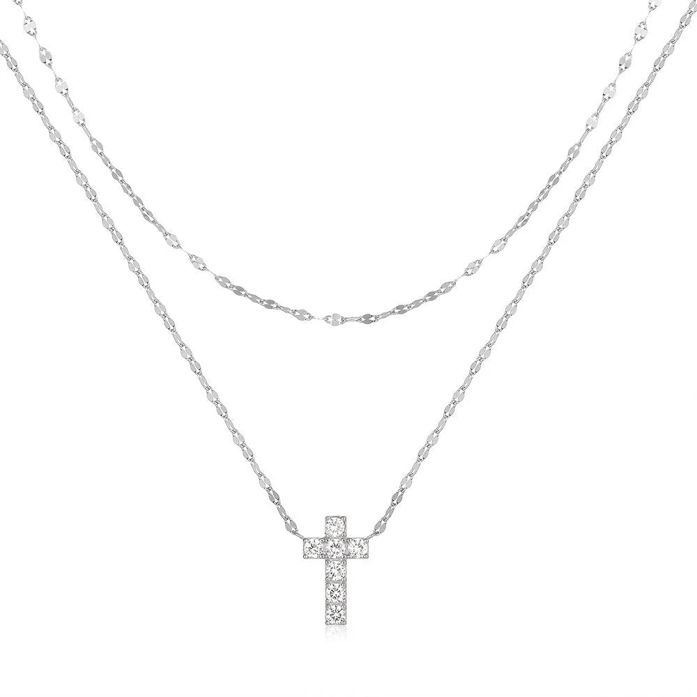 S925 sterling silver double layer twin diamond cross pendant necklace with clavicle chain
