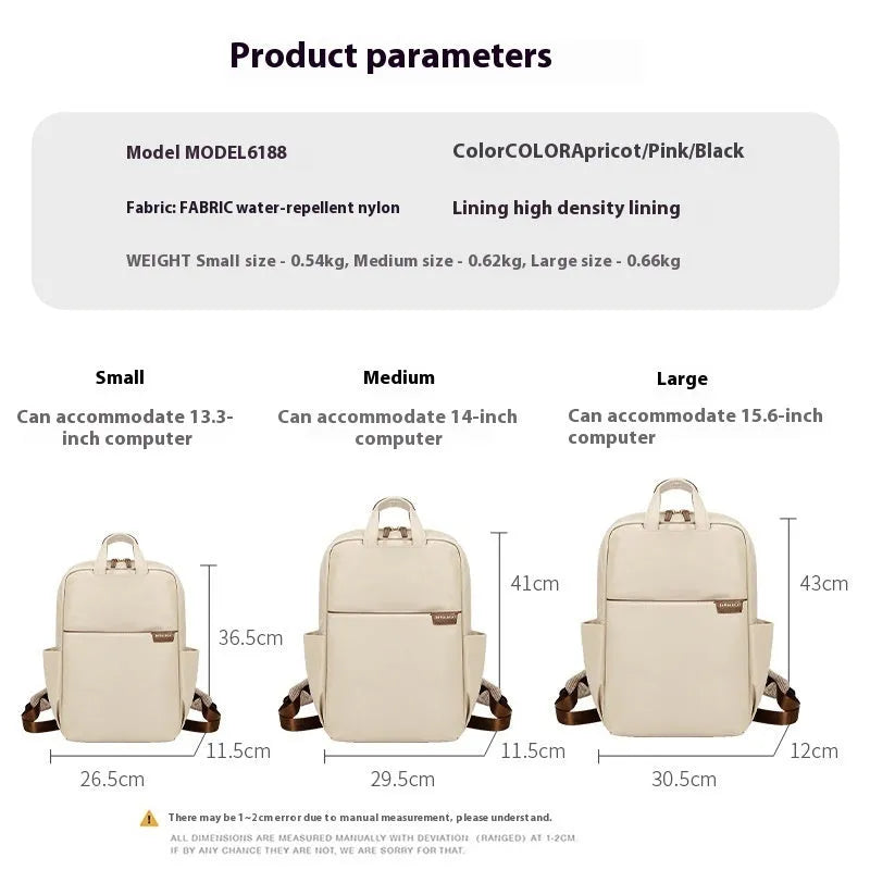 Large canvas women's backpack in apricot colour showing front view with multiple pockets and internal compartments open.