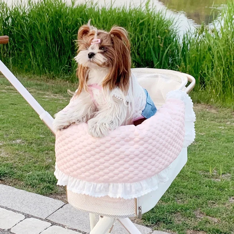 Pure cotton pet stroller cushion set with removable towel, cushion and pillow in floral pattern