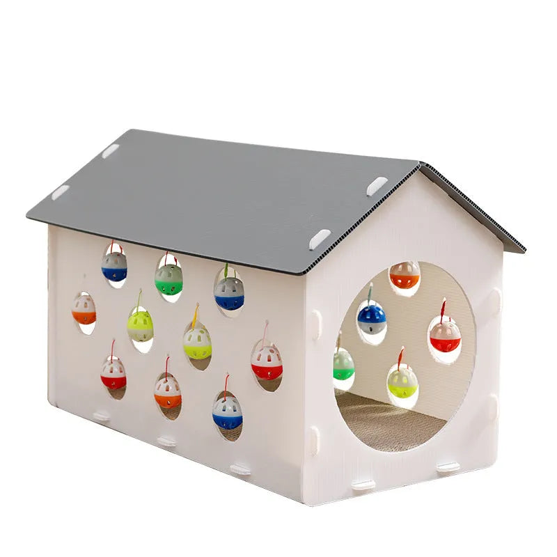 Plastic cat scratch board with integrated nest and bell ball tunnel for house cats