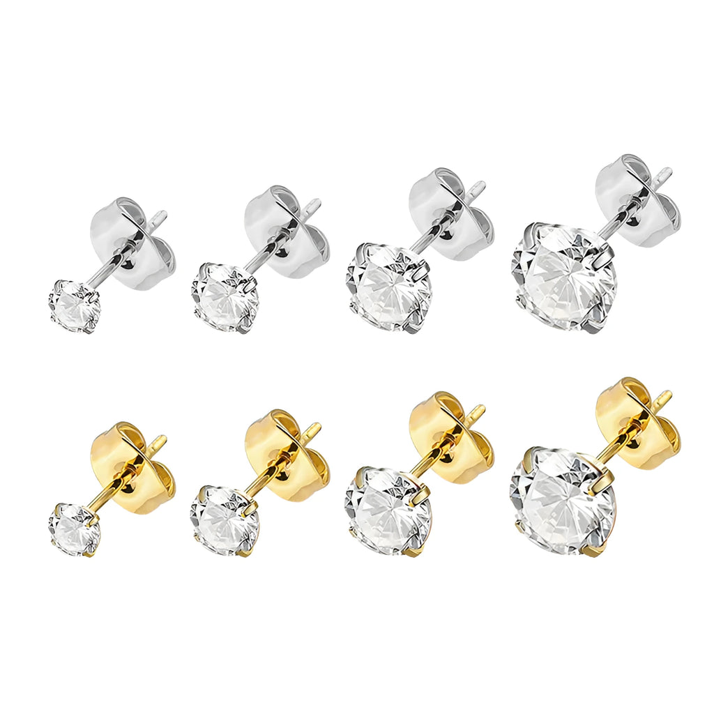 Stainless steel stud earrings with a square geometric zircon stone in a gold colour setting.
