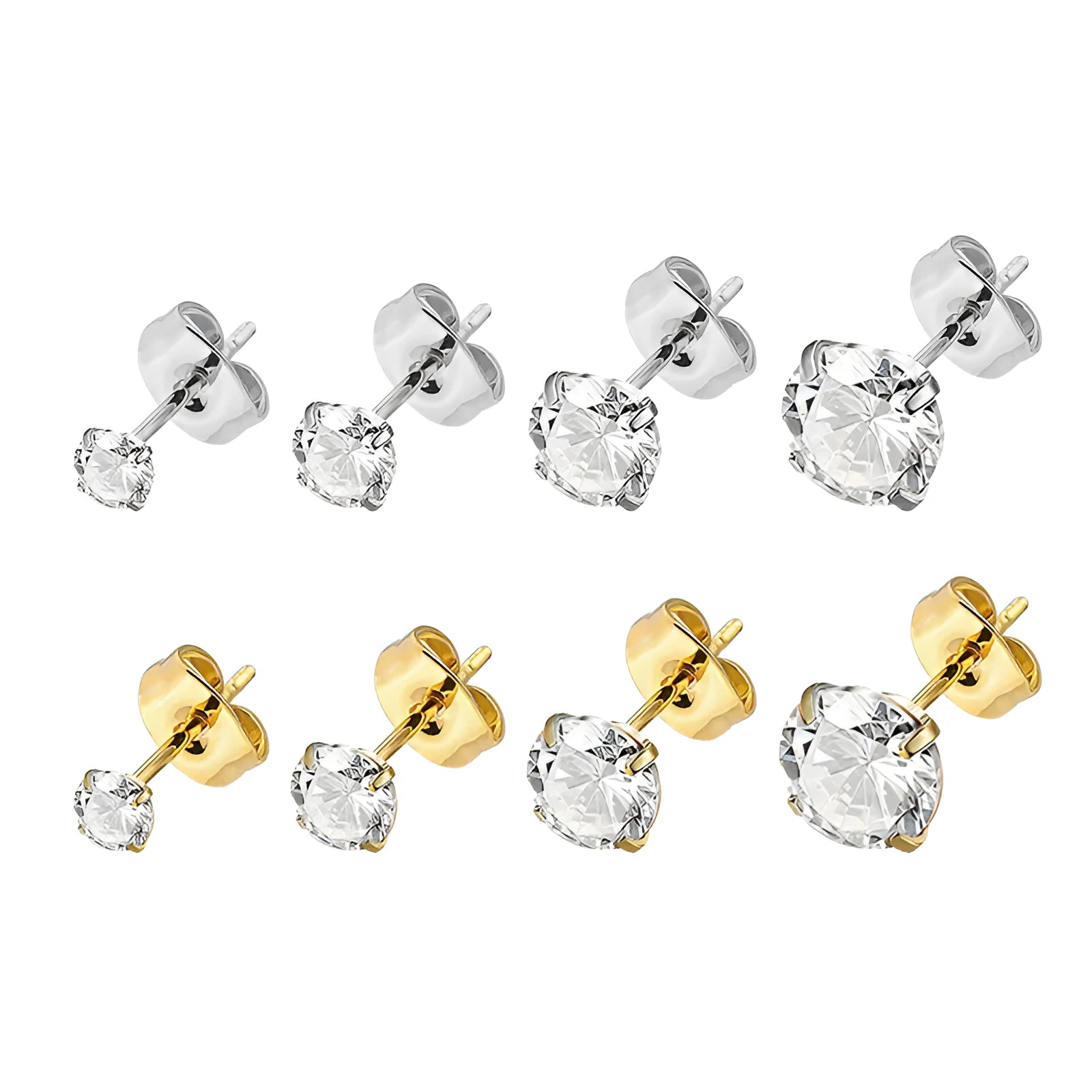 Stainless steel stud earrings with a square geometric zircon stone in a gold colour setting.